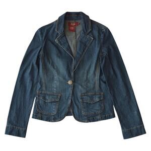 Y2K Metro Denim Blazer Jacket – Fitted 90s/2000s Jean Blazer with Pockets